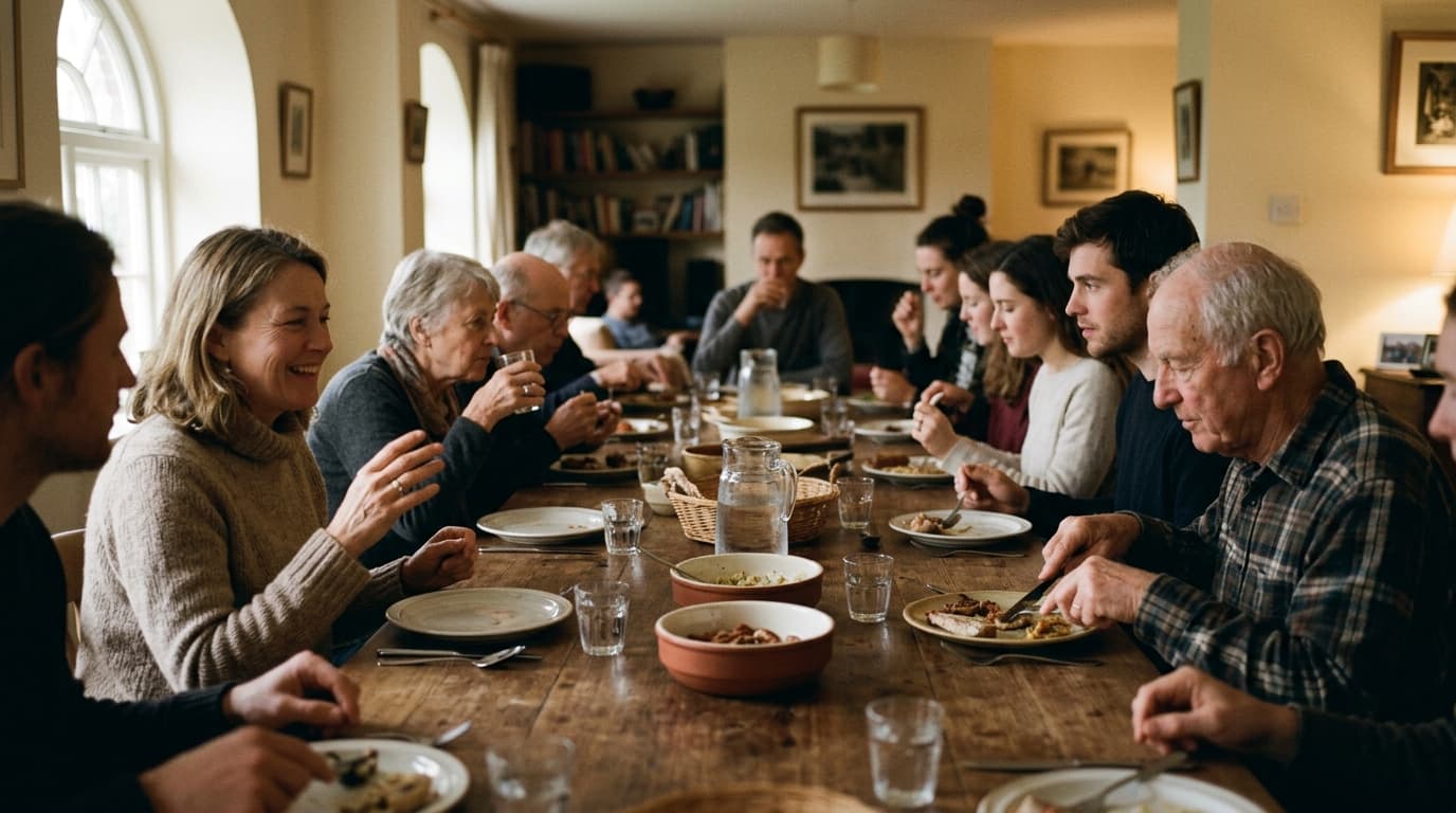 A family at a long dinner table