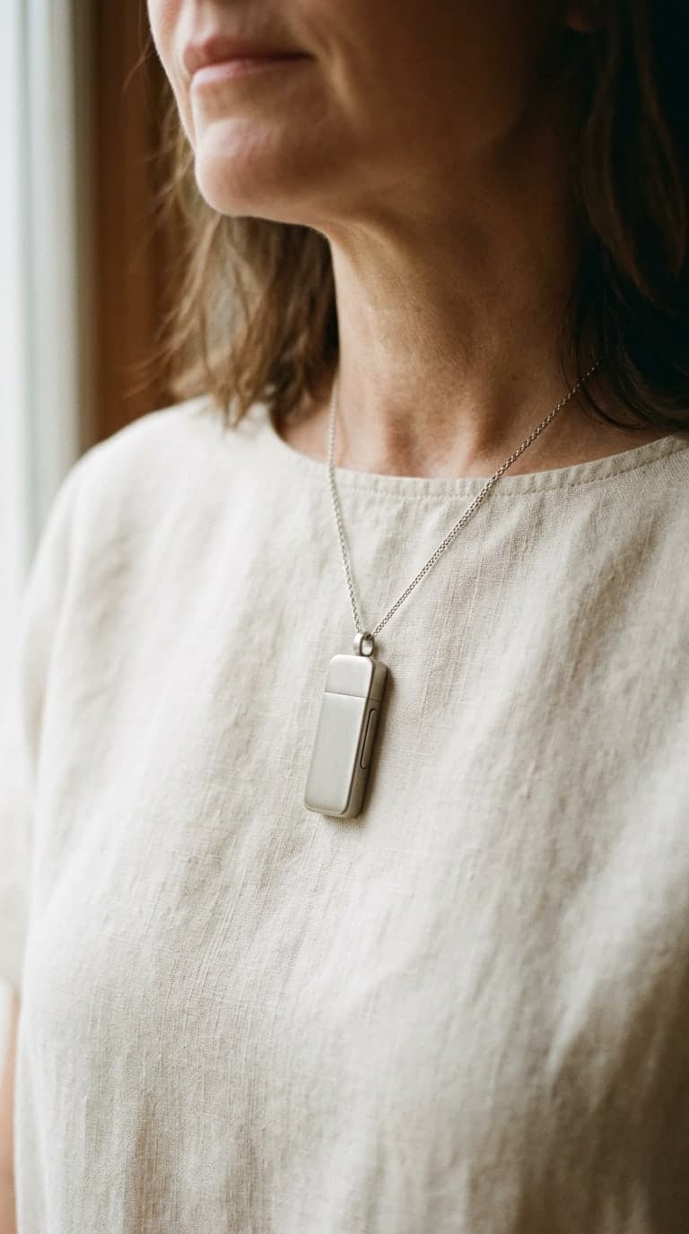 The MemoriesBox pendant recorder worn on a fine chain at the collarbone