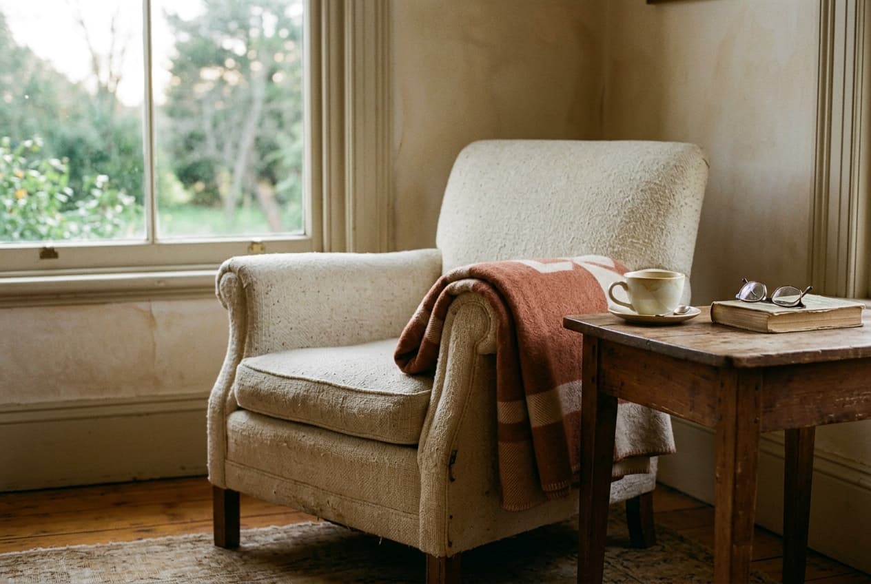 An empty armchair by a window, a blanket over one arm